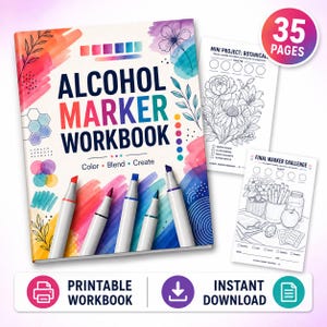 Pode incluir: Um livro de exercícios para marcadores à base de álcool com capa branca, manchas de aguarela coloridas, desenhos florais e o texto Alcohol Marker Workbook Color Blend Create. Cinco marcadores e duas páginas de prática.