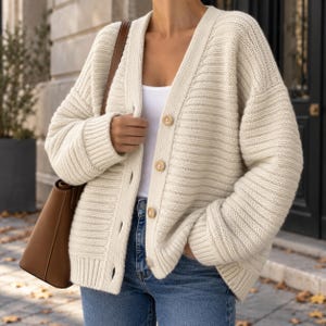 May include: An off-white, ribbed knit cardigan featuring a V-neckline and a front button closure with light-coloured circular buttons. The garment has long sleeves with ribbed cuffs and a ribbed hem, worn over a white top and blue denim jeans.