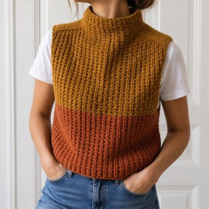 May include: A sleeveless mock neck sweater vest featuring a vertical ribbed knit pattern. The garment is colour-blocked with a mustard yellow upper section and a burnt orange lower section, worn over a plain white short-sleeved t-shirt and blue jeans.