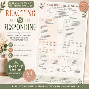 Könnte beinhalten: Ein trauma-informiertes Therapie-Handout mit dem Titel Reacting vs Responding, das Texte zur emotionalen Regulation, Listen von Reaktionen und Antworten, Symbole für Körperempfindungen und Reflexionsfragen enthält. Das Dokument ist A4-formatig.