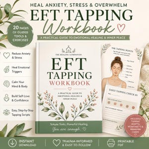 Può includere: Un quaderno di esercizi EFT Tapping con copertina bianca, illustrazioni botaniche verdi e il testo "EFT TAPPING WORKBOOK". Il set include una guida con i punti di picchiettamento su un volto umano, una scheda di controllo giornaliera e 20 pagine.