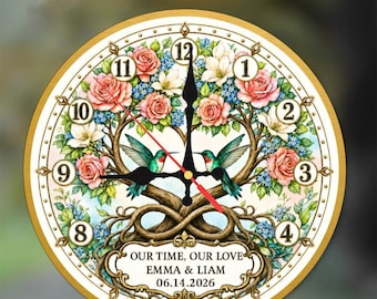 Personalized Hummingbird Tree of Love Wedding Wall Clock, Custom Anniversary Gift