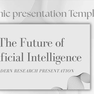 Könnte beinhalten: Eine akademische Präsentationsvorlage mit dem Text The Future of Artificial Intelligence und A MODERN RESEARCH PRESENTATION. Das Design enthält abstrakte schwarze Linienmuster auf hellgrauem Hintergrund, 30+ Folien, 3 Farbvarianten, 31 bearbeitbare Folien und Drag-and-Drop-Bildfunktion.