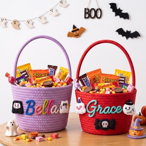 Panier à bonbons d'Halloween personnalisé avec nom, sac à bonbons en corde de coton tressée, seau à bonbons brodé personnalisé, cadeau effrayant pour tout-petit