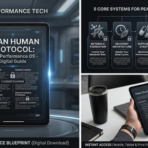 May include: A digital guide titled Titan Human Protocol: Peak Performance OS displayed on a tablet screen. The interface features locked content icons, a 5 core systems diagram for peak human calibration, and a Titan Checklist document.