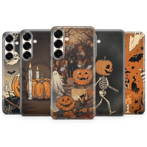 May include: Five smartphone cases featuring Halloween-themed illustrations. Designs include orange pumpkins, white ghosts, black cats, skeletons, lit candles, and spiderwebs set against dark and orange backgrounds with various spooky motifs.