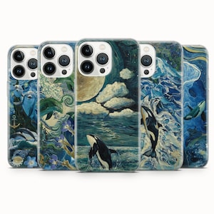 May include: Five smartphone cases featuring artistic ocean-themed designs. The cases display various scenes including orca whales, dolphins, crashing waves, a large moon, clouds, and floral elements in shades of blue, white, and yellow.