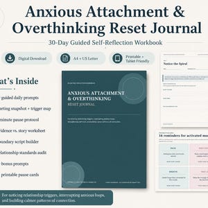 Op de afbeelding: Een digitaal 30-daags werkboek voor zelfreflectie genaamd Anxious Attachment & Overthinking Reset Journal. Bevat een donkergroene omslag, een werkblad genaamd Notice the Spiral en een pagina met 16 herinneringen voor geactiveerde momenten.