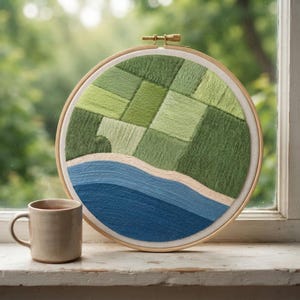 Customized pattern,Countryside Landscape Embroidery Kit - Patchwork Green Field & Winding River Minimal Hoop Art Gift for Nature Lovers