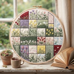 Peut inclure: Un tambour à broder circulaire en bois contenant une grille de panneaux floraux et botaniques cousus. Chaque carré présente des fils de différentes couleurs représentant diverses fleurs, herbes et textures dans des tons de rouge, jaune, violet et vert.