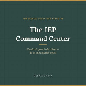 Peut inclure: Un graphique carré vert foncé avec un motif de grille subtil présentant le texte : FOR SPECIAL EDUCATION TEACHERS, The IEP Command Center, Caseload, goals & deadlines — all in one editable toolkit, et DESK & CHALK en blanc et doré.