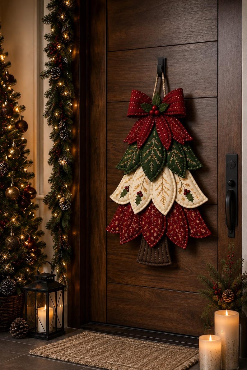 May include: A fabric wall hanging shaped like a Christmas tree, featuring layered leaves in red, cream, and dark green with stitched details. The tree is topped with a large red bow and small red berries, suspended by a twine loop from a black hook.