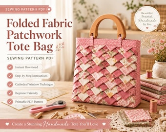 Folded Fabric Patchwork Tote Bag Sewing Pattern PDF | Origami Quilt Tote with Wooden Handles | DIY Quilted Handbag Tutorial for Beginners