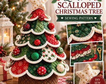 Quilted Christmas Tree Sewing Pattern | Scalloped Tabletop Fabric Christmas Tree PDF Pattern with Ornaments & Star | Holiday Decor DIY