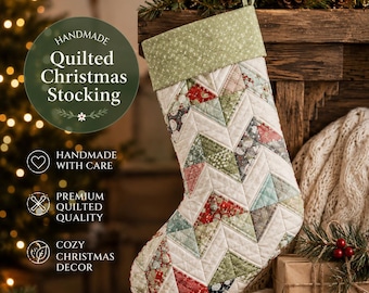 Quilted Patchwork Christmas Stocking PDF Pattern | Scrappy Half-Square Triangle Holiday Stocking | Beginner Sewing Pattern + Template