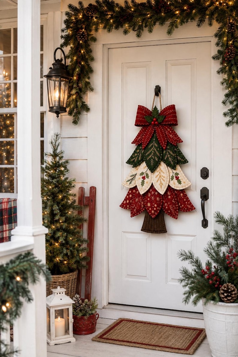 May include: A fabric Christmas tree door hanging decoration featuring layered, quilted leaves in red, green, and cream colors. The tree is topped with a large red bow and accented with holly berry motifs, hanging from a jute rope on a white door.