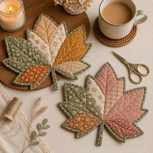 Puede incluir: Dos posavasos de tela acolchada con forma de hojas de arce. Un posavasos presenta una mezcla de patrones florales y de cuadros en verde, crema y naranja. El segundo posavasos muestra segmentos de tela floral y de cuadros en verde, crema y rosa.