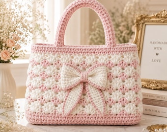 Patrón de bolso tote de ganchillo con lazo en PDF / Bolso de ganchillo con lazo / Bolso elegante hecho a mano / Bolso tote con punto de concha coqueta / Términos estadounidenses