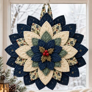 May include: A quilted fabric wall hanging shaped like a large flower with layered petals in navy blue, cream, and sage green. The petals feature gold snowflake patterns and holly prints. Three red berries sit at the center on gold leaves.