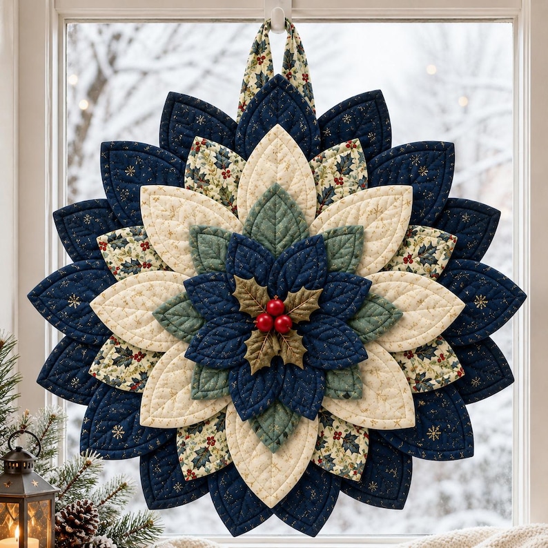 May include: A quilted fabric wall hanging shaped like a large flower with layered petals in navy blue, cream, and sage green. The petals feature gold snowflake patterns and holly prints. Three red berries sit at the center on gold leaves.