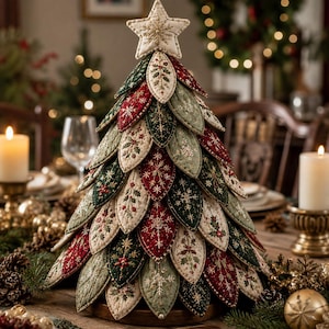 Puede incluir: Un &aacute;rbol de Navidad decorativo de mesa construido con paneles de tela superpuestos en forma de hoja en tonos rojo oscuro, verde bosque y crema. Cada panel presenta bordados intrincados de copos de nieve y acebo, rematado con una estrella.