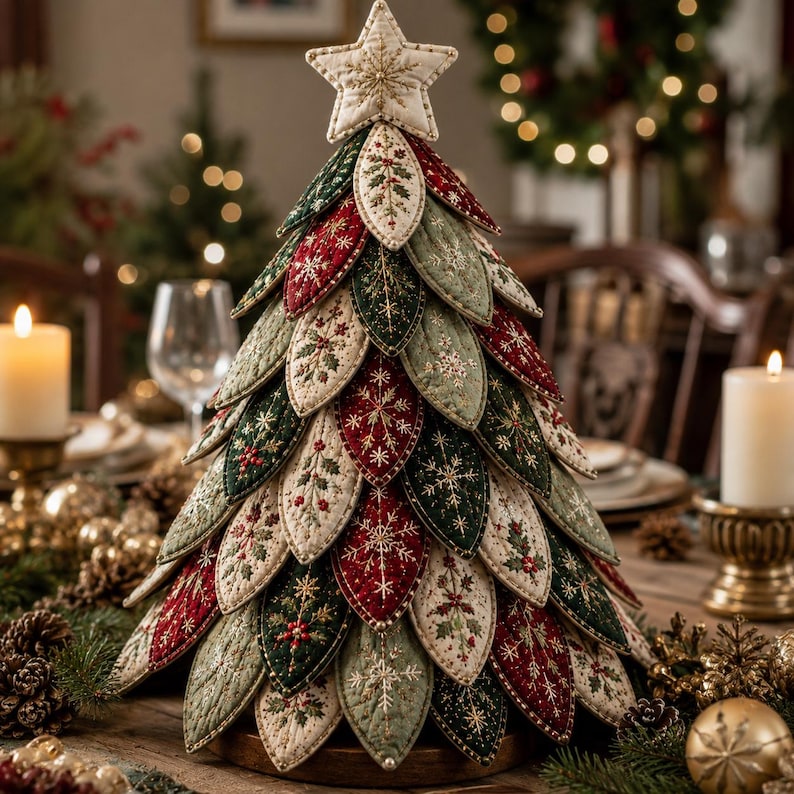 Puede incluir: Un &aacute;rbol de Navidad decorativo de mesa construido con paneles de tela superpuestos en forma de hoja en tonos rojo oscuro, verde bosque y crema. Cada panel presenta bordados intrincados de copos de nieve y acebo, rematado con una estrella.