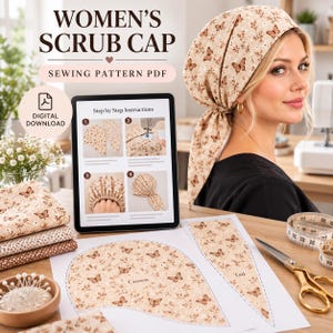 May include: A digital sewing pattern for a scrub cap featuring a beige fabric with a brown butterfly and floral print. The set includes a tablet displaying step-by-step instructions, printed paper pattern pieces labeled Crown and Tail.