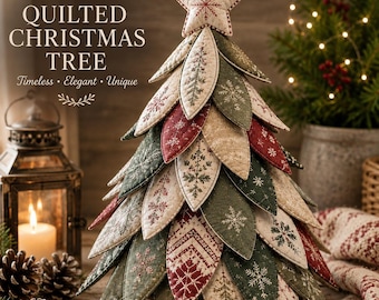 Peut inclure: Un sapin de Noël décoratif composé de feuilles en tissu matelassé superposées dans des tons vert forêt, rouge profond et crème. Chaque feuille présente des motifs complexes de flocons de neige et géométriques. Une étoile en tissu couronne le tout.