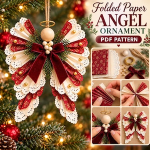 Op de afbeelding: Een gevouwen papieren engelornament met rood en crèmekleurig patroonpapier, een houten kraal als hoofd, een gouden draadhalo en een donkerrode fluwelen strik. De afbeelding bevat de tekst Folded Paper ANGEL ORNAMENT PDF PATTERN en montagefoto's.