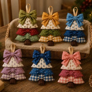 May include: Six fabric Christmas tree ornaments, each featuring three stacked bow layers in various colors and patterns including gingham, floral, and solid prints. Each ornament has a small brown fabric trunk at the base and a beige ribbon loop at the top.