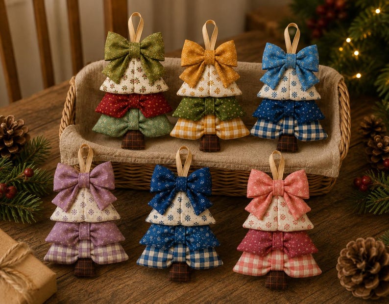 May include: Six fabric Christmas tree ornaments, each featuring three stacked bow layers in various colors and patterns including gingham, floral, and solid prints. Each ornament has a small brown fabric trunk at the base and a beige ribbon loop at the top.