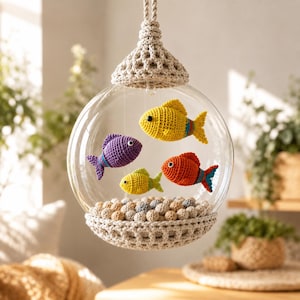 Peut inclure: Une sphère décorative suspendue en verre transparent contenant quatre petits poissons crochetés en jaune, violet, orange et vert citron. La base est remplie de petites sphères crochetées, et le haut et le bas sont entourés d'un filet en crochet beige.