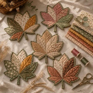 Puede incluir: Cinco posavasos de tela acolchada con forma de hojas de arce, con varios patrones florales y de cuadros en tonos verde, marr&oacute;n, naranja y crema. El conjunto incluye cuadrados de tela apilados, dos carretes de hilo y unas tijeras de metal.