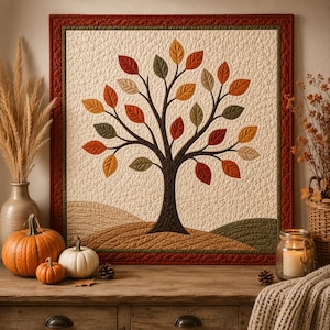 May include: A square wall hanging quilt featuring a central dark brown tree with multicoloured fabric leaves in shades of red, orange, yellow, and green against a cream background, framed by a dark red border with a quilted texture.
