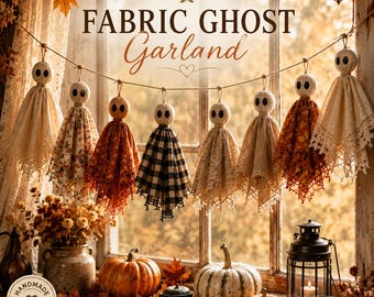Folded Fabric Ghost Garland PDF Pattern | No Sew Halloween Ghost Banner | Rustic Fall Decor Tutorial | Beginner Printable Templates