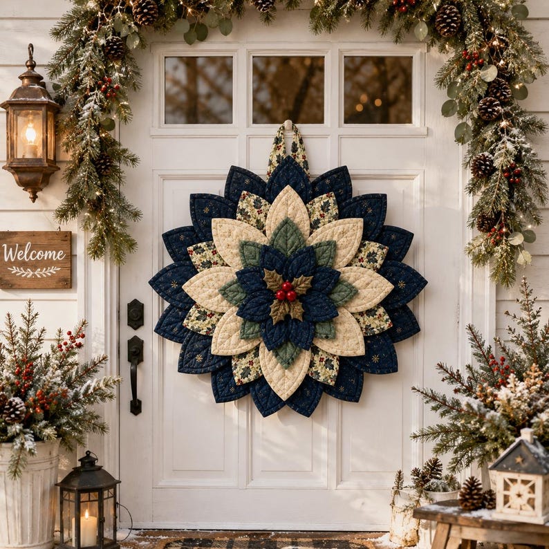 May include: A fabric flower-shaped wall hanging featuring layered quilted petals in navy blue, cream, and green with a holly leaf and red berry center. The piece is mounted on a white door surrounded by evergreen garlands and lanterns.