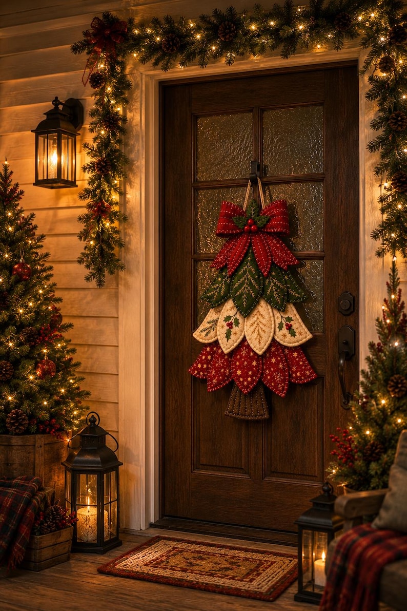 May include: A fabric Christmas tree wall hanging featuring layered, quilted leaves in red, green, and cream with embroidered details. The tree is topped with a large red bow and holly berries, suspended by a rope on a dark wooden door with glass panels.