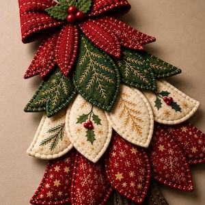 May include: A decorative fabric Christmas tree ornament featuring layered, quilted leaf-shaped segments in red, dark green, and cream. The red segments feature gold snowflake patterns, while the green and cream segments have embroidered branch and holly motifs with small red berries. A large red fabric bow with a holly accent sits at the top, and a brown fabric trunk is at the base.