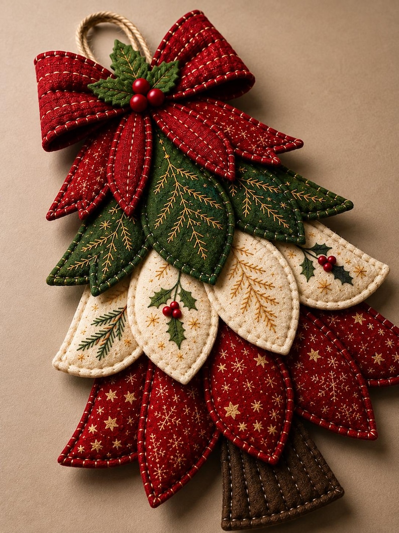 May include: A decorative fabric Christmas tree ornament featuring layered, quilted leaf-shaped segments in red, dark green, and cream. The red segments feature gold snowflake patterns, while the green and cream segments have embroidered branch and holly motifs with small red berries. A large red fabric bow with a holly accent sits at the top, and a brown fabric trunk is at the base.