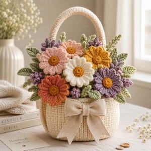 May include: A cream-colored crocheted basket with a handle, decorated with a large fabric bow. The basket is filled with a variety of crocheted flowers in shades of pink, orange, yellow, white, and purple, accented with green crocheted leaves.