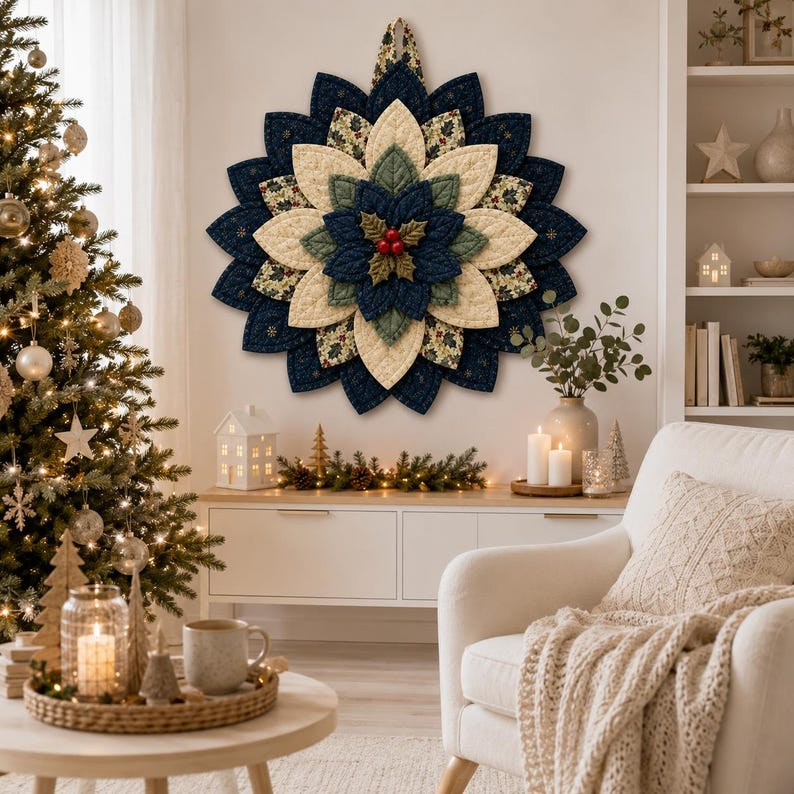 May include: A circular fabric wall hanging shaped like a poinsettia flower, featuring layered petals in navy blue, cream, and green floral patterns. The center is accented with three small red berries and green leaves, all with quilted textures.