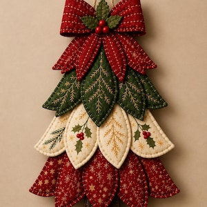 May include: A fabric wall hanging shaped like a Christmas tree, featuring layered, quilted leaf-shaped segments in red, dark green, and cream. The design includes gold star patterns, holly leaf prints, and red berry accents, topped with a red bow and a rope loop.