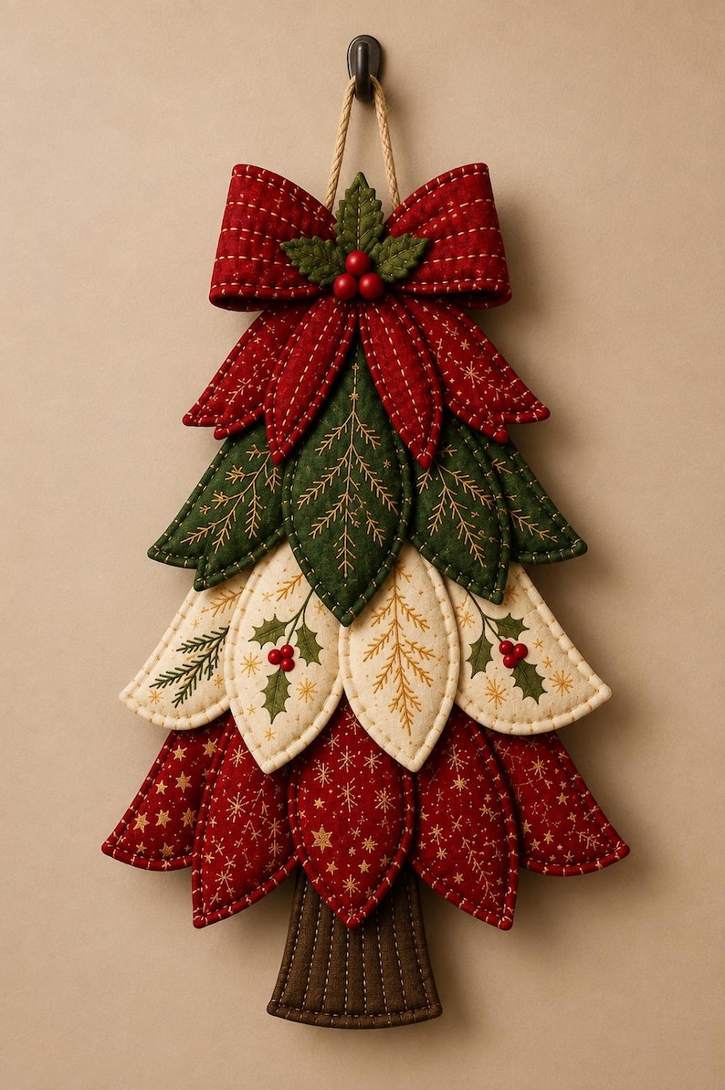 May include: A fabric wall hanging shaped like a Christmas tree, featuring layered, quilted leaf-shaped segments in red, dark green, and cream. The design includes gold star patterns, holly leaf prints, and red berry accents, topped with a red bow and a rope loop.