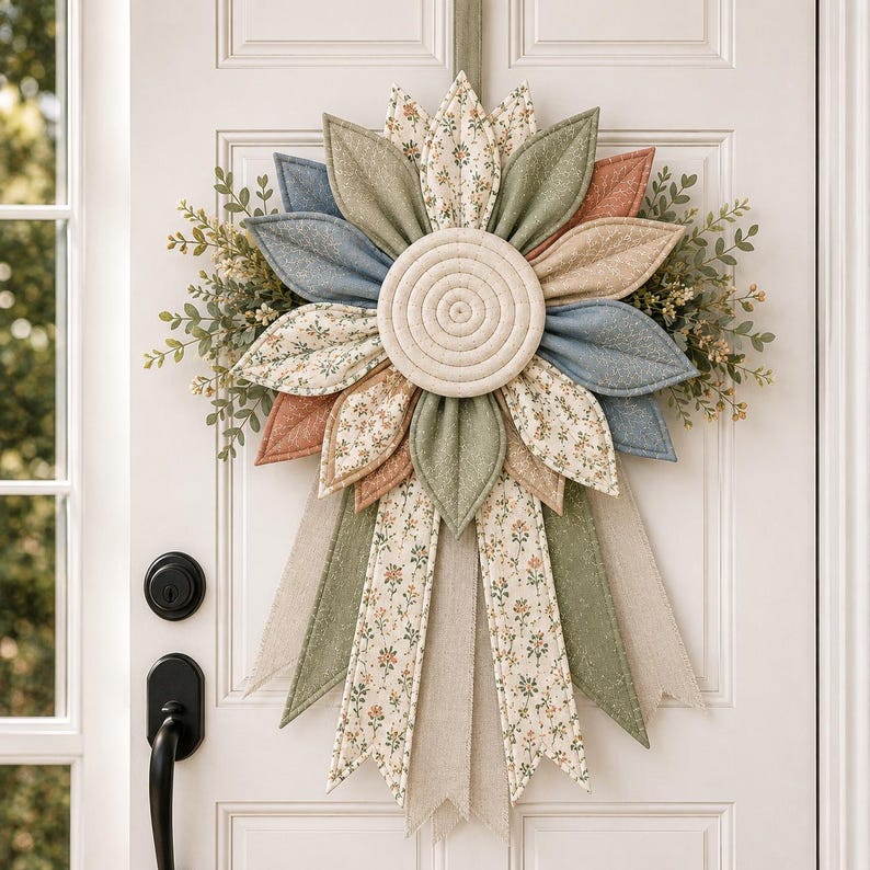 Puede incluir: Un adorno de tela para puerta con un disco central acolchado rodeado de p&eacute;talos superpuestos en tonos azul apagado, verde salvia, terracota y estampados florales. El dise&ntilde;o incluye follaje y largas cintas de tela puntiagudas que cuelgan.