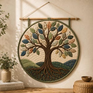 Op de afbeelding: Een ronde, gewatteerde wandhanger met een centrale boom met een donkerbruine stam en zichtbare wortels. De boom heeft talloze stoffen bladeren in tinten groen, blauw, oranje en crème en hangt aan een houten roede met een koord.