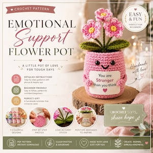 May include: A crochet pattern for an emotional support flower pot featuring a pink crocheted pot with a smiling face holding a sign that reads You are Stronger than you think, topped with three pink flowers and green leaves on stems.