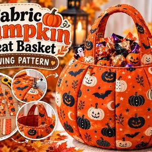 Pumpkin Treat Basket Sewing Pattern PDF, Halloween Trick or Treat Bag Pattern, Fabric Pumpkin Candy Basket, Easy Sewing Project
