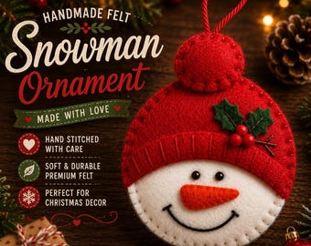 Felt Snowman Christmas Ornament PDF Pattern | Hand-Sewn Snowman Hat Ornament | Beginner Felt Sewing Pattern | Holiday Tree Decoration DIY