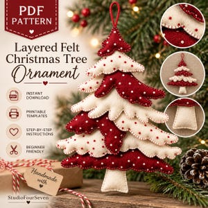 May include: A PDF pattern for a layered felt Christmas tree ornament featuring red and cream fabric with white and red polka dots. The design includes a hanging loop, visible stitching, and a trunk. Text includes PDF PATTERN, Layered Felt Christmas Tree Ornament, INSTANT DOWNLOAD, PRINTABLE TEMPLATES, STEP-BY-STEP INSTRUCTIONS, and BEGINNER FRIENDLY.