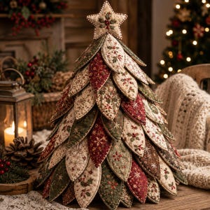 Puede incluir: Un &aacute;rbol de Navidad decorativo de sobremesa construido con hojas de tela acolchadas y superpuestas en tonos rojo, verde y crema. Las hojas presentan patrones intrincados de acebo, bayas y copos de nieve, rematado con una estrella de tela.